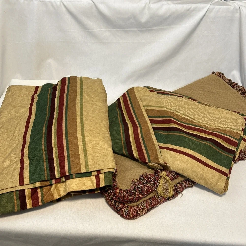 Custom Made Queen Bedskirt and 4 Shams Gold Green Red Stripe Tassel Fringe 1399